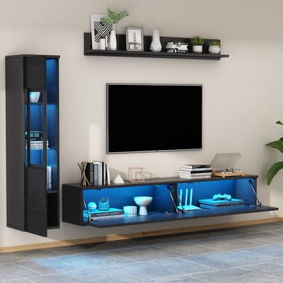 DESMIU Tv Meubelset - Hoogglans Woonwand Met Led En Vitrinekast - Voor Woonkamer En Opbergen - Spaanplaat - 180x33x30 Cm - Zwart