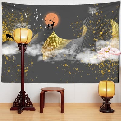 Tapisserie Peinture à l'encre Accrochage mural Style Bohème Hippie Tapiz Esthétique Psychédélique Mystérieuse Décoration de Pièce Maison 95x70cm gray