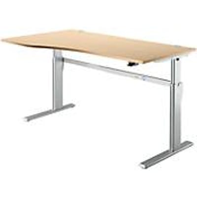 Standaard bureau, elektrisch in hoogte verstelbaar, vrije vorm, bevestiging links, C-poot, B 1800 x D 1000/800 x H 725-1185 mm, ahorn/blank aluminium