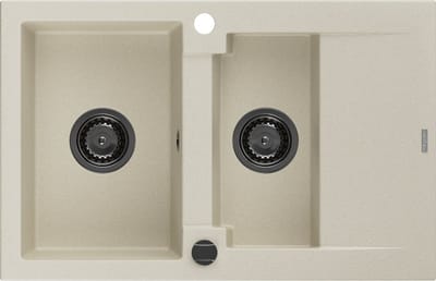 Mexen Gaspar granieten gootsteen 1,5-kamerig met afdruiprek 737 x 475 , beige, zwarte sifon - 6507731505-69-B