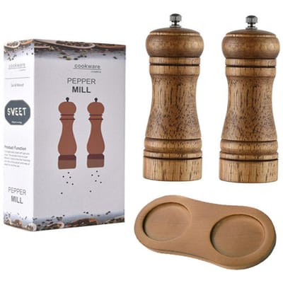 Houten Pepermolen Set van 2 met Basis, Premium Keramische Maalschijf, Verstelbare Grofheid voor Zout & Kruiden, Keukengerei S