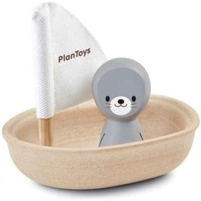PlanToys Houten Zeilboot met Zeehond Baby- en peuterspeelgoed Houten speelgoed