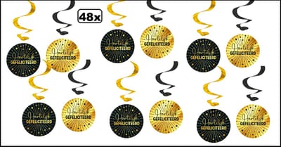 48x Luxe Swirls Hartelijk Gefeliciteerd zwart/goud - dubbelzijdig bedrukt - Thema feest verjaardag party festival