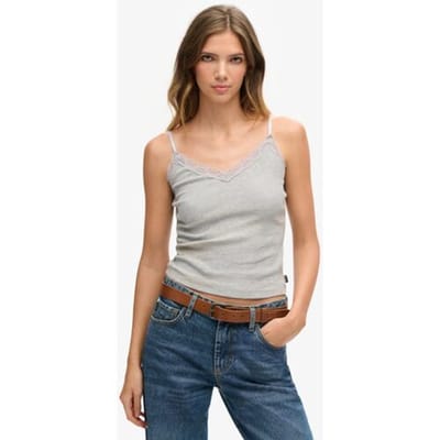 Superdry Vintage Geribd Camitopje van Biologisch Katoen met Kanten Boord Grijs Grootte: M/L