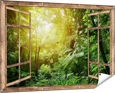 Gards Tuinposter Doorkijk Tropische Jungle met Zonneschijn - 150x100 cm - Tuindoek - Tuindecoratie - Wanddecoratie buiten - Tuinschilderij