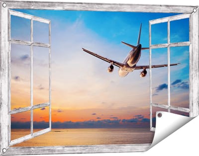 Gards Tuinposter Doorkijk Vliegtuig Boven de Zee bij Zonsondergang - 90x60 cm - Tuindoek - Tuindecoratie - Wanddecoratie buiten - Tuinschilderij