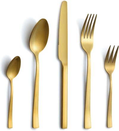 Stijlvolle bestekset van roestvrij staal voor 6 personen, 30-delig, matte gouden afwerking, vaatwasserbestendig en duurzaam