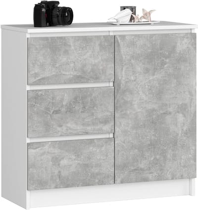 Ladekast JERRY met 3 Lades en 2 Deuren / AKORD Furniture Factory / Wit – Beton Grijs / 80 x 77 x 35 cm