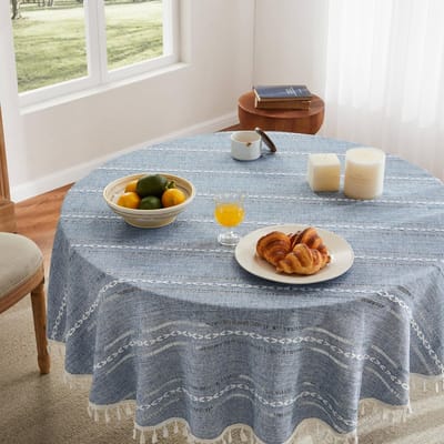 Ronde Tafelkleed Grijs Blauw Boerderij Katoen Linnen Kreukbestendig Wasbaar Tafelkleed voor Streep Kwast Eetkamer Decoratie 140cm  round