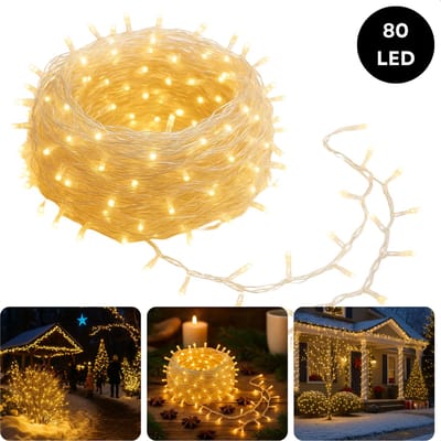 Cheqo® LED Verlichting - 80 LED Lampjes - Warm Wit - Lichtfuncties - Timer Functie - Kerstboomverlichting Transparant Snoer - Binnen En Buiten - IP44 Adapter - Kerstverlichting - Lichtslinger - Sfeerverlichting - Kerstlampjes