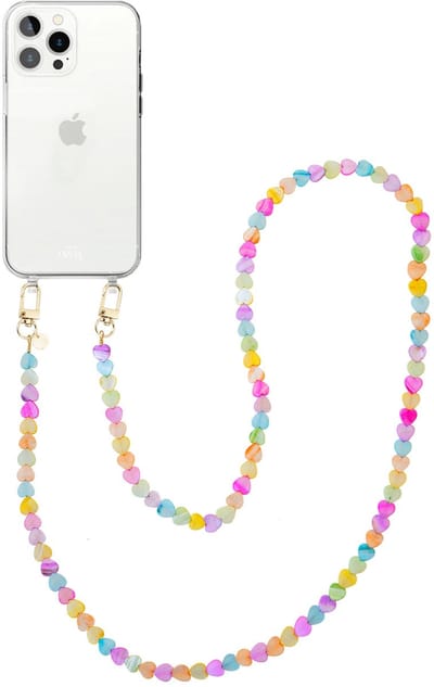 xoxo Wildhearts siliconen hoesje - Geschikt voor iPhone 16 Pro Max hoesje - Shell Hearts (long) - Telefoonhoesje - Hoesje met koord - gekleurde hartjes - Lang koord - Transparant hoesje met telefoonkoord - Regenboog / Meerkleurig