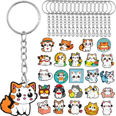 30x Sleutelhangers met 24 Katjes Charms - Sleutel Hangers Knutselpakket Set - Speelgoed Sleutelringen - Karabijnhaak Keyrings Sieraden Maken - Trakteren Keychain Fidget Toy - Grabbelton Uitdeelcadeaus Traktatie voor Meisjes, Jongens & Kinderen