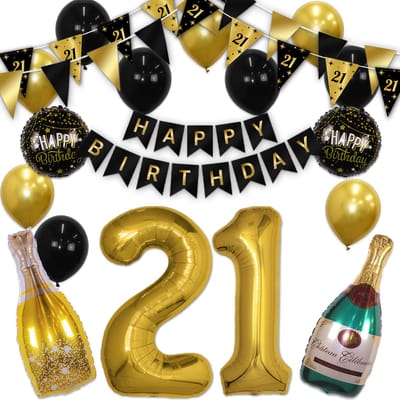 Q2P - 21 Jaar - Verjaardag Versiering - Helium Ballonnen - Feest Pakket - Happy Birthday - Versiering - Zwart & Goud