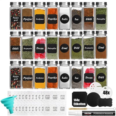 Famanu - Kruidenpot, 24 stuks, 120 ml glazen pot, 160 etiketten, specerijencontainerset, roestvrijstalen deksels, 7 etiketten, borstel, trechter