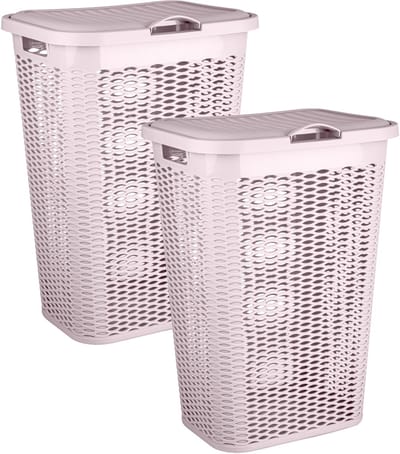 Plasticforte Wasmand Ventilation - 2x - met deksel - roze - kunststof - 51 liter - 43 x 35 x 61 cm - Badkamer - Wasgoed - Nieuw design - Zeer stevig