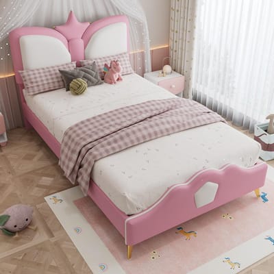 BLACKCOLORS Gestoffeerd bed, eenpersoonsbed, kinderbed, hoofdeinde in de vorm van een kroon, zachte randen en hoofdeinde van schokbestendig schuim, speelse kleuren, PU + ijzer + schuim, roze + wit, 90 x 200 cm