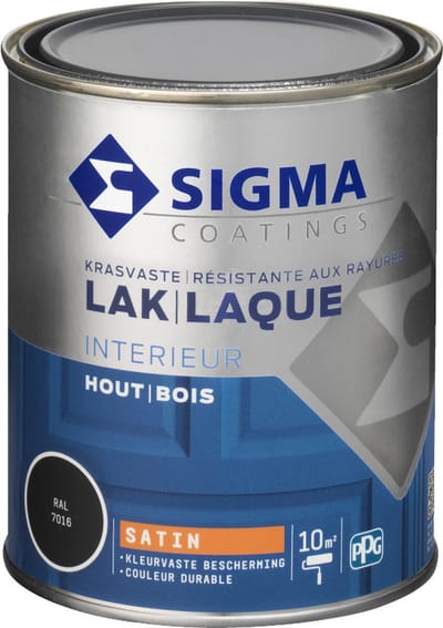 Sigma Houtlak Interieur Glans - Kras- & Slijtvast - Droog na 1 uur - Geurarm - RAL 7016 - Grijs - 0.75L