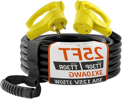 RV Verlengkabel - Stroomkabel Camper - Stroomvoorziening Buiten - Ergonomische Handgreep - 25 ft 30 Amp - Zwart Geel