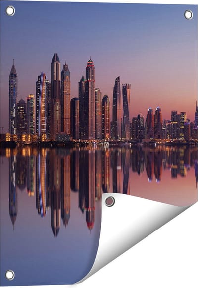 Gards Tuinposter Skyline Dubai Stad bij Zonsondergang - 40x50 cm - Tuindoek - Tuindecoratie - Wanddecoratie buiten - Tuinschilderij