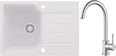 Anycee MAX Granieten Spoelbak 65x45CM - Spoelbakken Keuken Wit - Wasbak Keuken Met Keukenkraan - Spoelbak Met Planchet en Afdruiprek - Spoelbakken Incl. Sifon en Afvoerzeefje