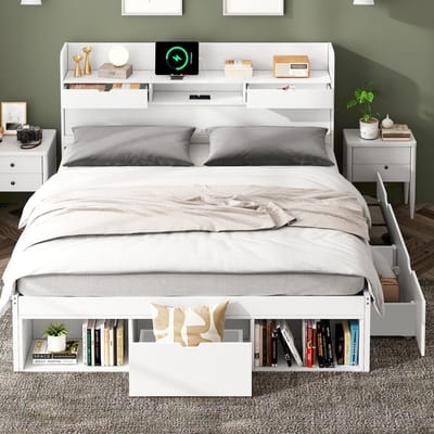 Tweepersoonsbed - 140x190 cm - met USB-poort en lades en locker - jeugdbed zonder matras - wit