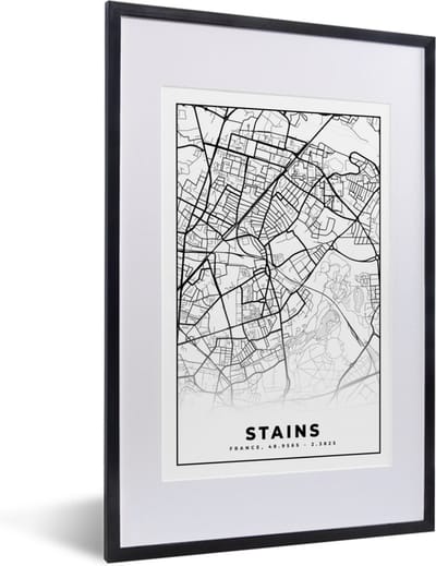 Fotolijst incl. Poster Zwart Wit- Stains - Stadskaart – Plattegrond – Kaart – Frankrijk - Zwart wit - 40x60 cm - Posterlijst