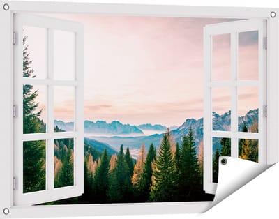 Gards Tuinposter Doorkijk Bos met Bomen bij Bergen Landschap - 90x60 cm - Tuindoek - Tuindecoratie - Wanddecoratie buiten - Tuinschilderij