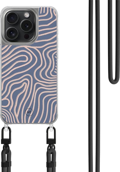 Hoesje met koord geschikt voor iPhone 13 Pro - Flowing lines - Inclusief zwart koord - Crossbody beschermhoes - Transparant, Paars - Mooie Telefoonhoesjes