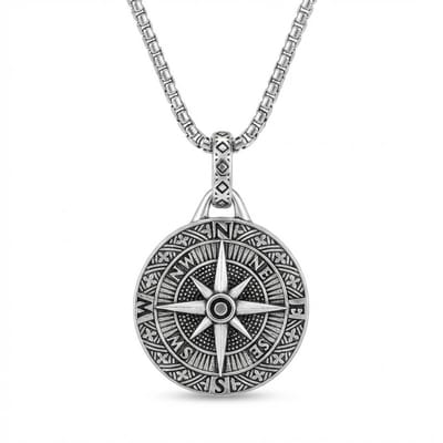 Zilverkleurige schakel ketting voor heren met ronde kompas hanger