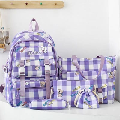 Nieuwe Schooltas voor Basisschoolleerlingen  Meisjes Middelbare School  Vijfdelige Set voor Schoolrugzak voor Kinderen gray