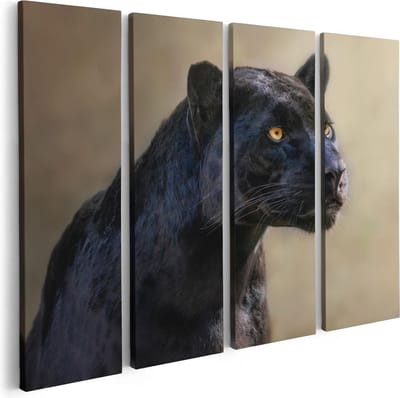 Artaza Canvas Schilderij Vierluik Zwarte Panter Met Oranje Ogen - 80x60 - Foto Op Canvas - Canvas Print
