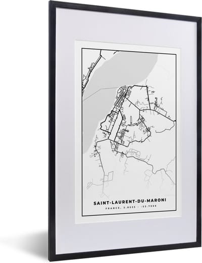 Fotolijst incl. Poster Zwart Wit- Stadskaart - Frankrijk - Kaart - Saint-Laurent-du-Maroni - Plattegrond - Zwart wit - 40x60 cm - Posterlijst