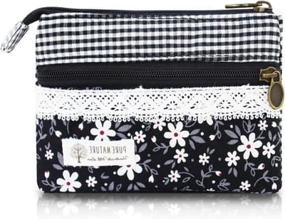 Kleine Bohemian Stijl Canvas Handtas voor Vrouwen met 2 Ritsvakken, Ideaal voor Munten, Contant Geld en Kaarten, Zwart met Bloemenprint