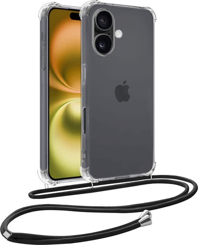 Hoesje - Geschikt voor Apple iPhone 16 - Met Koord - Shock Proof - Siliconen Case - Back Cover - Telefoonkoord - Telefoon Hoes Shockproof - Telefoonketting - Telefoonhoesjes - Transparant