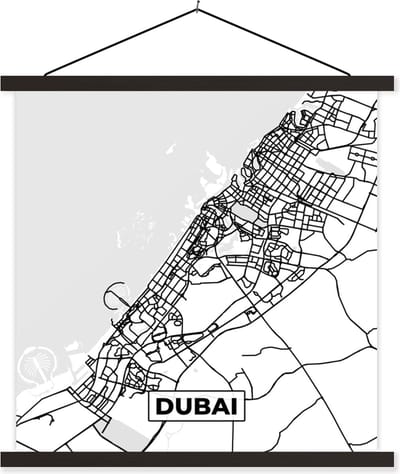 Posterhanger incl. Poster 60x60 cm - Schoolplaat - Kaart - Dubai - Zwart Wit - Stadskaart - Plattegrond - Textielposter - Zwarte latten - Stadskaart