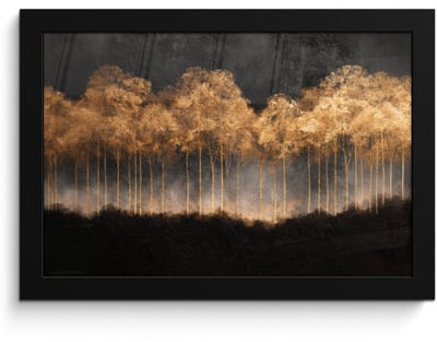 Poster in lijst - Fotolijst 30x20 cm - Posters - Gouden Bomen in Mistig Landschap - Posterlijst zwart - Decoratie - Wanddecoratie woonkamer - Muurdecoratie slaapkamer