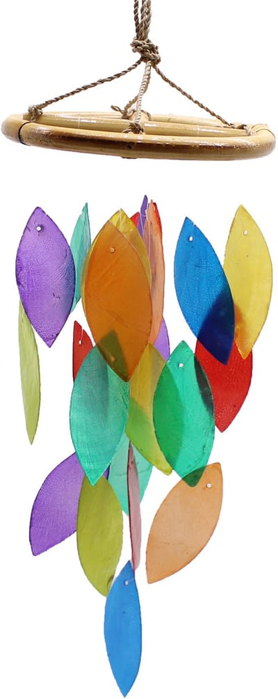 Wind Chime - Regenboogblad & Bamboe Druppel - Windgong - 26x12cm - Handgemaakt - Drijfhout & Capiz Glas
