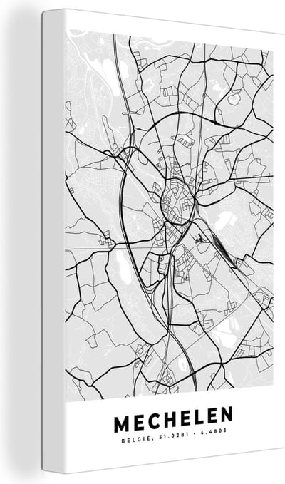 Canvas Schilderij Zwart Wit – België – Plattegrond – Stadskaart – Kaart – Mechelen - 20x30 cm - Wanddecoratie