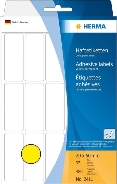 Herma 2411 Univers. Etiket bureauverp. 20x50mm Geel - 480 etiketten