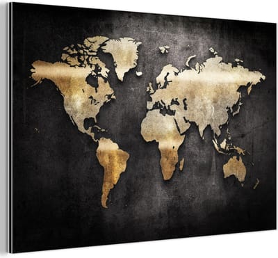 Aluminium schilderij 90x60 cm - Wanddecoratie metaal - Wereldkaart - Goud - Zwart - Metalen muurdecoratie woonkamer - Decoratie industrieel - Foto op dibond - Industriële accessoires slaapkamer