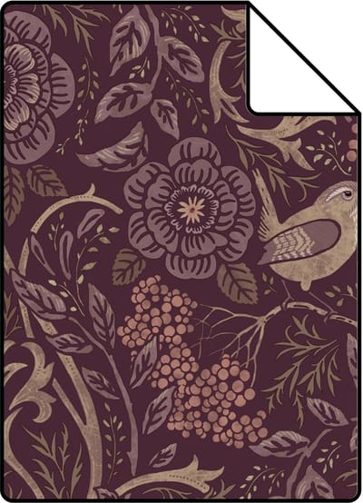 Proefstaal ESTAhome behang bloemen en vogels in art nouveau stijl aubergine paars - 26.5 x 21 cm - 131635-S