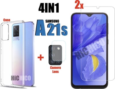 2pcs Samsung Galaxy A21S Screenprotector Glas + 1x camera lens screen protector + Hoesje Shock Proof Siliconen Hoes Case Cover Transparant , Tempered Glass, Glass, Beschermglas, Glazen bescherming 2.5D 9H 0.3mm van HiCHiCO