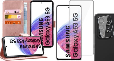 Hoesje geschikt voor Samsung Galaxy A53 - Book Case Kunstleer Wallet Cover Portemonnee Pasjeshouder Hoes Roségoud - Tempered Glass Screenprotector - Camera Lens Protector