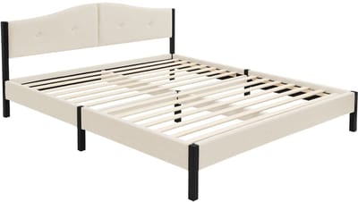 Gestoffeerd bed 160x200 cm, beige, tweepersoonsbed met stevig bedframe, bed met gestoffeerd hoofdeinde en lattenbodem, jeugdbed ML-Design