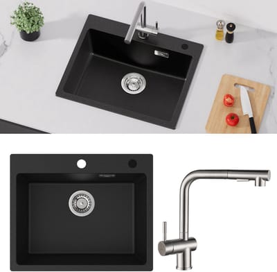 Auralum max Spoelbak 55x45 - Graniet - Met keukenkraan met uittrekbare uitloop - Spoelbak Keuken - Spoelbakken Keuken – Wasbak Keuken - Met overloop en afvoer