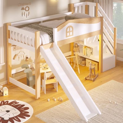 Halfhoogslaper 90x200 cm - opbergladder - glijbaan - met LED-verlichting - wit - zonder matras