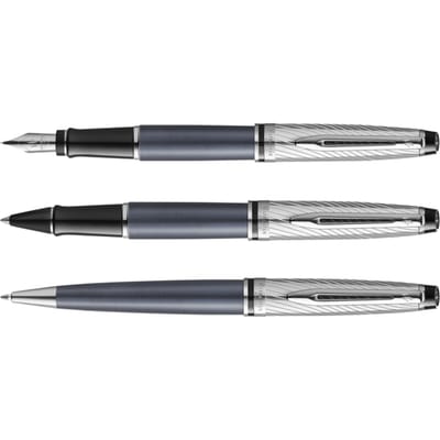 Waterman Expert Deluxe balpen | metaal-steengrijze lak met palladium-gecoat detail | medium punt met blauwe inkt | geschenkverpakking