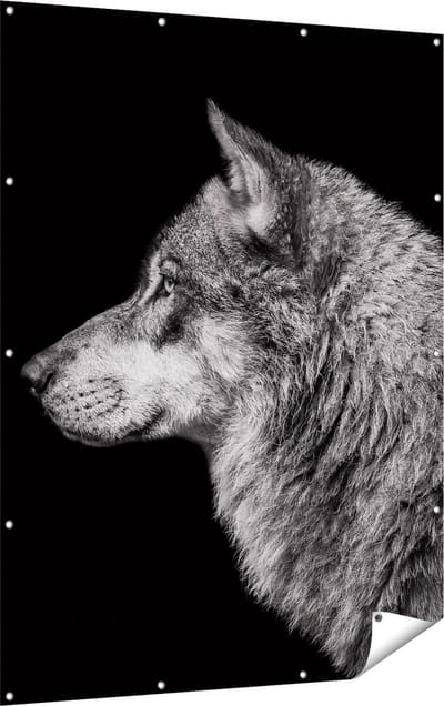 Gards Tuinposter Wolvenkop - Wolf - Zwart Wit - 120x160 cm - Tuindoek - Tuindecoratie - Wanddecoratie buiten - Tuinschilderij