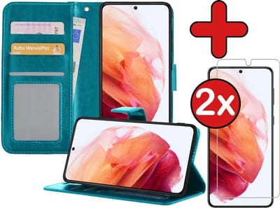 Hoesje - Met 2x Screenprotector - Geschikt voor Samsung Galaxy S21 - Luxe Pasjeshouder - Flip Case - Bookcase Portemonee - Kunstleer Book Case - Flipcase Hoes - Book Cover - Walletcase - Portemonneehoes - Telefoonhoes - Turquoise