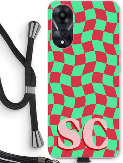 Gepersonaliseerd - Case Company® - Hoesje met koord geschikt voor Oppo A78 5G hoesje met Koord - Grid Monogram - Telefoonhoesje met Zwart Koord - Bescherming aan alle Kanten en Over de Schermrand